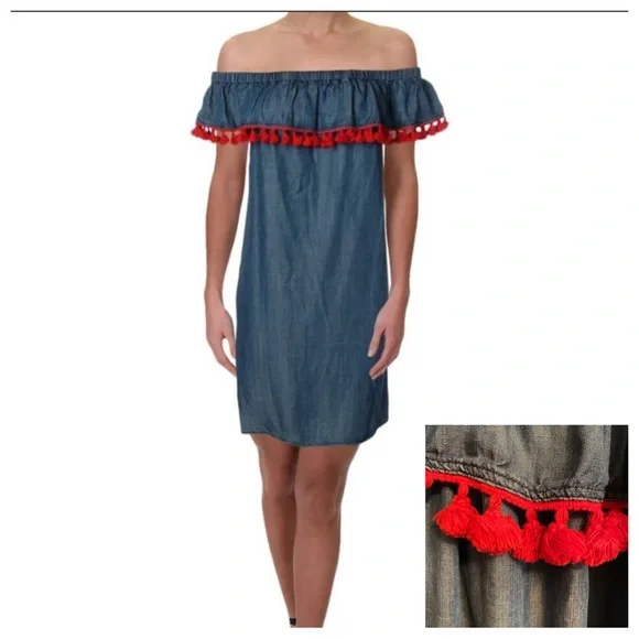 denim cap sleeve dress Collared Neck Cap Sleeve Denim Dress Dark / L